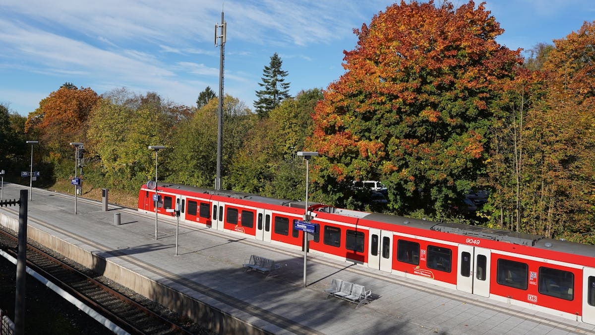 Scenic view of Aumühle train station with red train and vibrant autumn foliage.